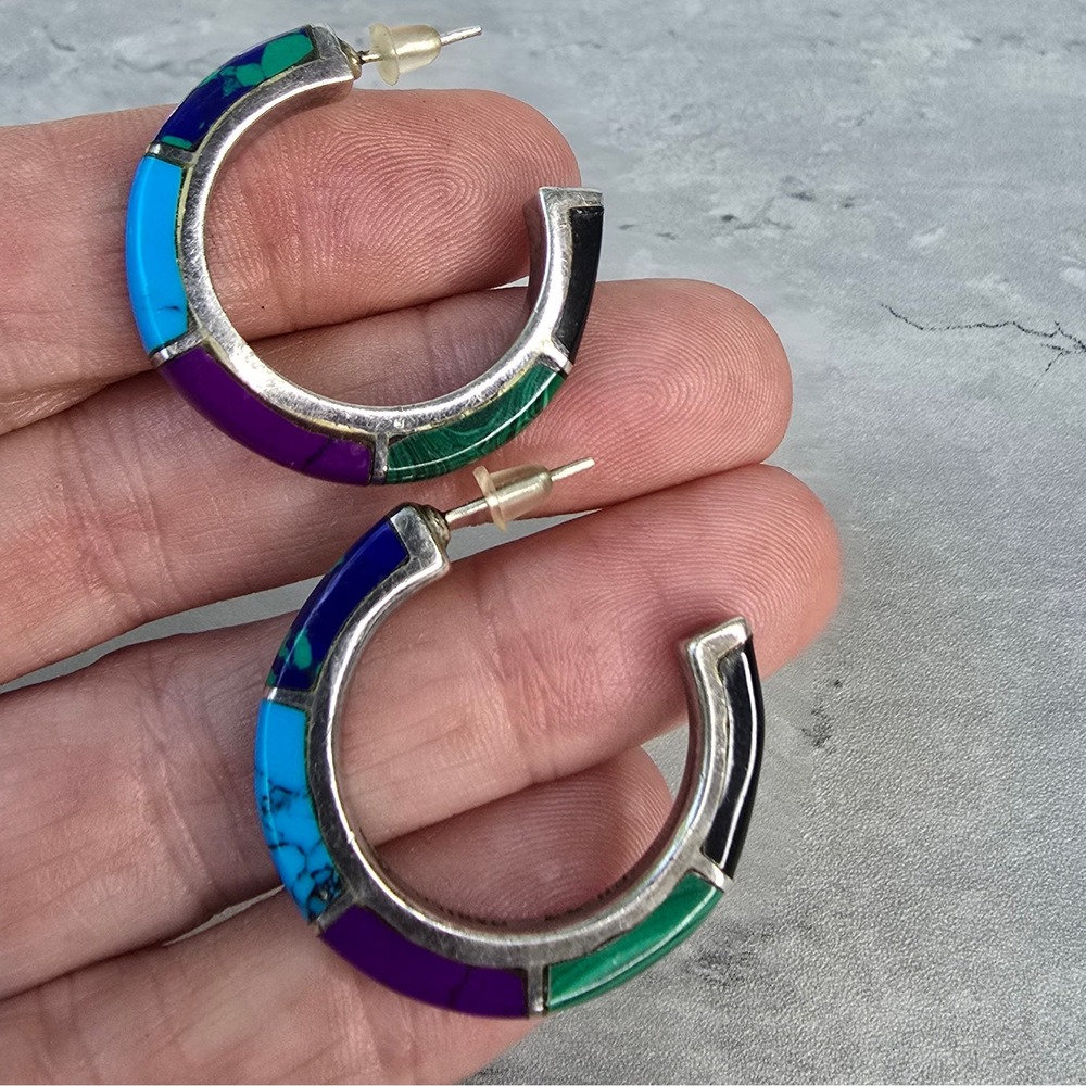 Mexico 950 Silver Multi Stone Inlay Hoop Earrings TN-57 Turquoise Malachite 14g - Picture 9 of 14